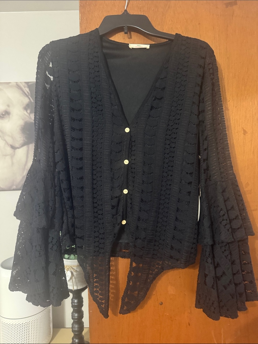Women’s Black Lace Button-Front Top with Tiered Bell Sleeves